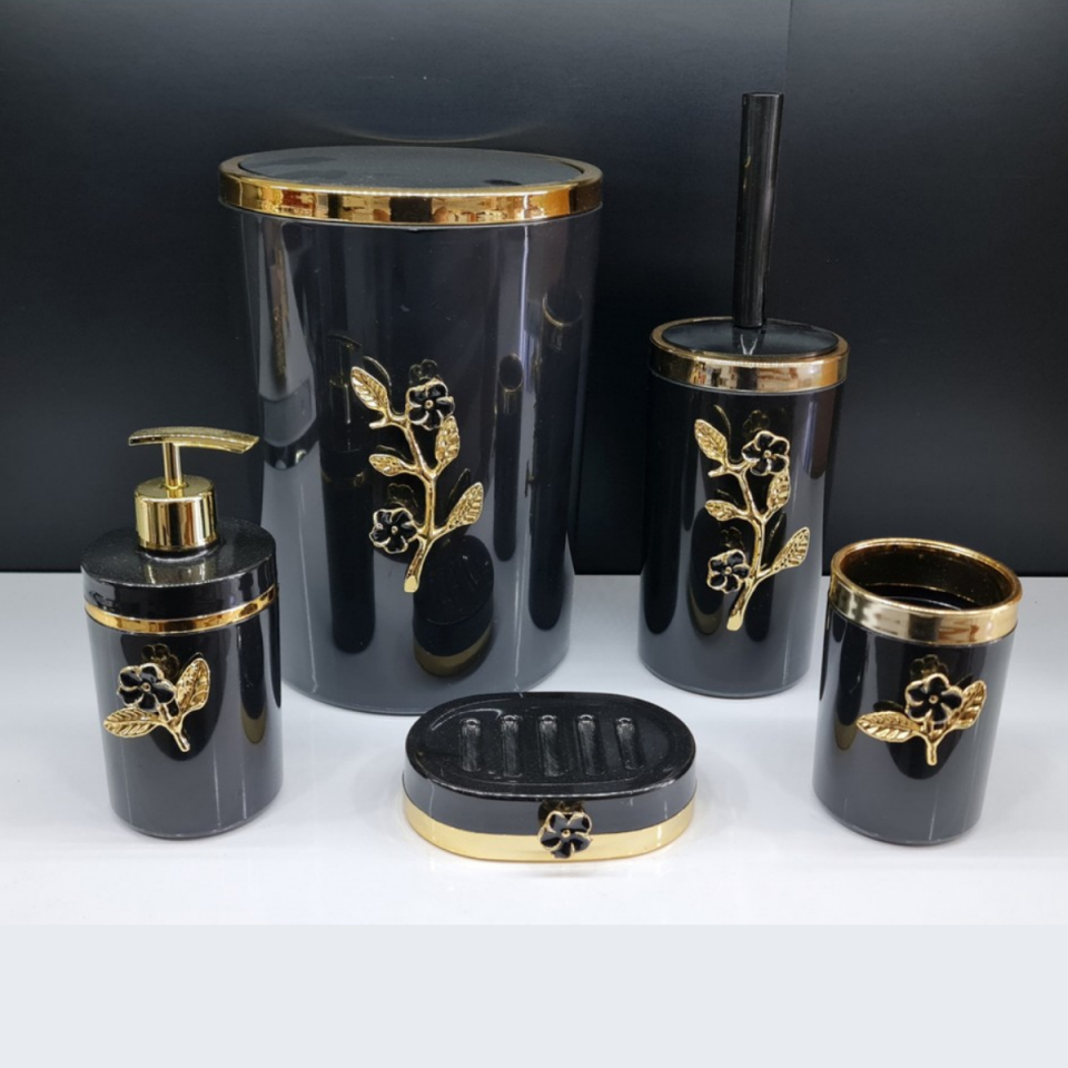 Mucit Home   5 Parça Yuvarlak Akrilik Banyo Seti Siyah  Gold Papatya Desen