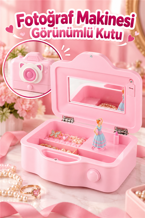 Mucit Home Fotoğraf Makinası Gröünümlü Balerinli Muzik Kutusu-Çocuk Takı Kutusu Pembe Beyaz