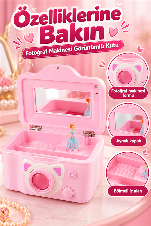 Mucit Home Fotoğraf Makinası Gröünümlü Balerinli Muzik Kutusu-Çocuk Takı Kutusu Pembe Beyaz