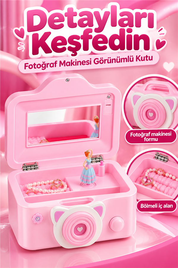 Mucit Home Fotoğraf Makinası Gröünümlü Balerinli Muzik Kutusu-Çocuk Takı Kutusu Pembe Beyaz