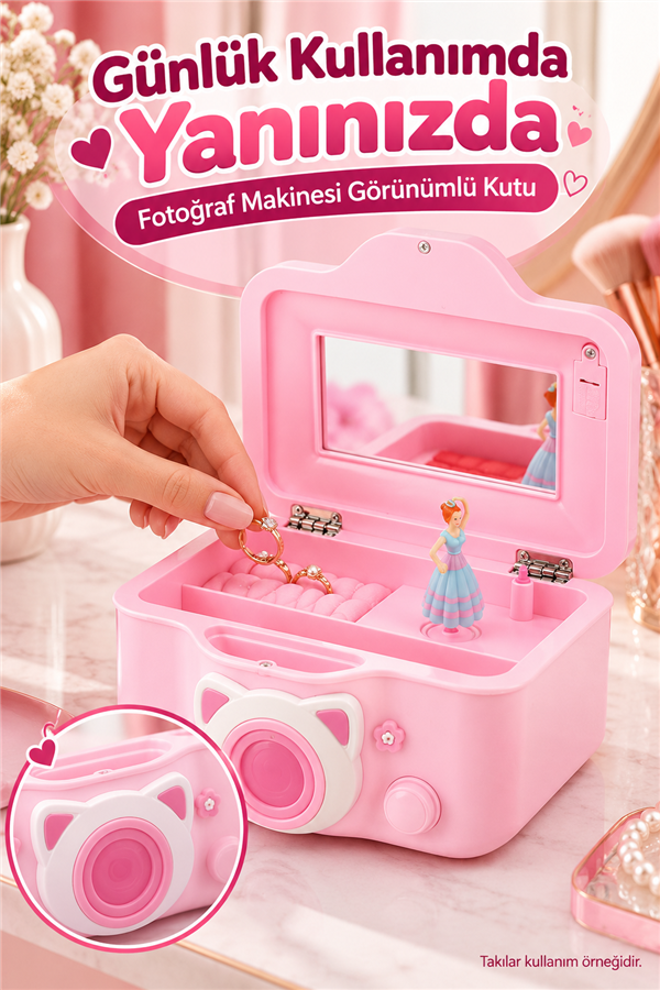 Mucit Home Fotoğraf Makinası Gröünümlü Balerinli Muzik Kutusu-Çocuk Takı Kutusu Pembe Beyaz