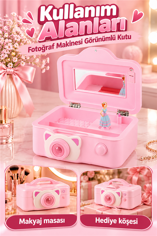 Mucit Home Fotoğraf Makinası Gröünümlü Balerinli Muzik Kutusu-Çocuk Takı Kutusu Pembe Beyaz