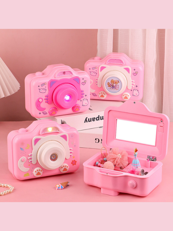 Mucit Home Fotoğraf Makinası Gröünümlü Balerinli Muzik Kutusu-Çocuk Takı Kutusu Pembe Beyaz