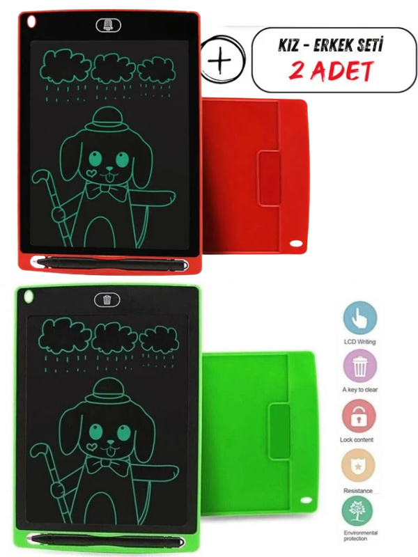 Mucit Home Kız Çocuk Kırmızı Tablet + Erkek Çocuk Yeşil Tablet 2 ADET Digital Çocuk Yazı Çizim Tableti Lcd 8.5 Inc