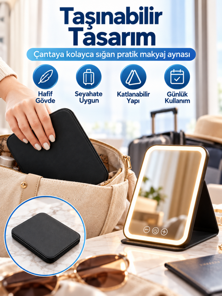 Mucit Home LED Makyaj Aynası Işıklı Katlanabilir Masaüstü Makyaj Aynası 3 Aydınlatma Modlu Makyaj Aynası