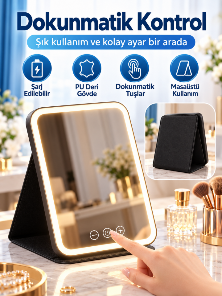 Mucit Home LED Makyaj Aynası Işıklı Katlanabilir Masaüstü Makyaj Aynası 3 Aydınlatma Modlu Makyaj Aynası