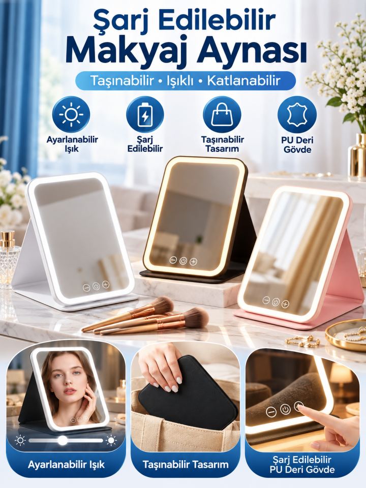 Mucit Home LED Makyaj Aynası Işıklı Katlanabilir Masaüstü Makyaj Aynası 3 Aydınlatma Modlu Makyaj Aynası