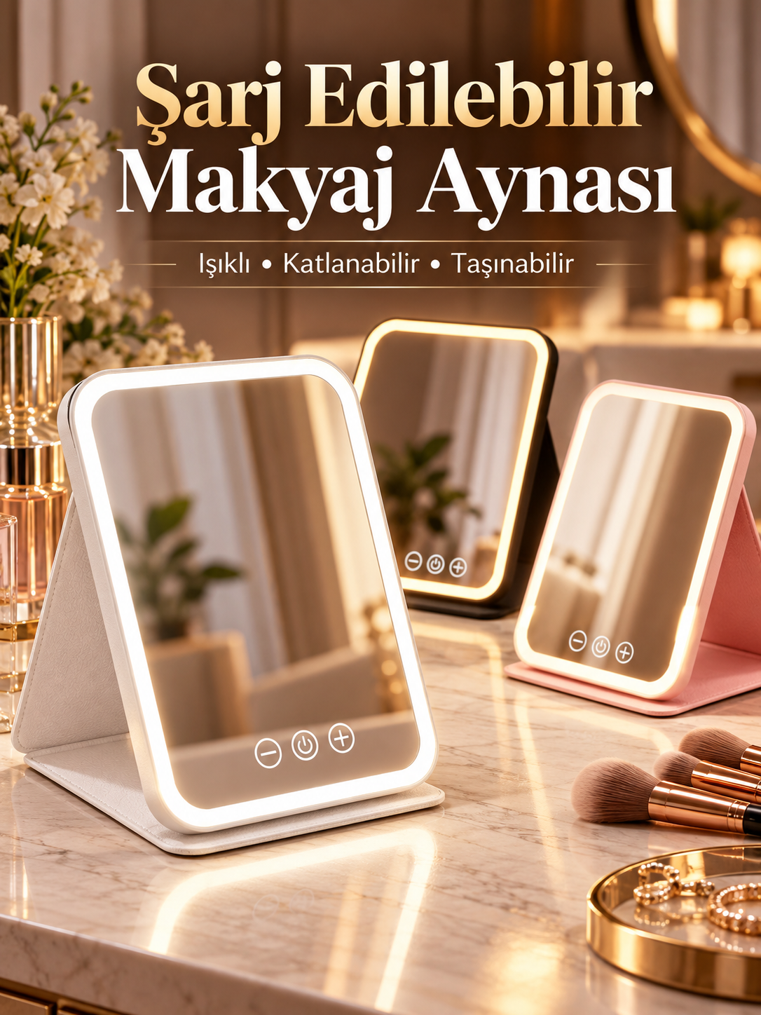 Mucit Home LED Makyaj Aynası Işıklı Katlanabilir Masaüstü Makyaj Aynası 3 Aydınlatma Modlu Makyaj Aynası