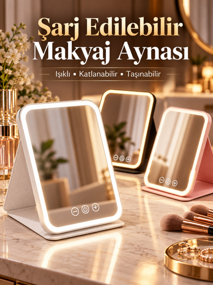 Mucit Home LED Makyaj Aynası Işıklı Katlanabilir Masaüstü Makyaj Aynası 3 Aydınlatma Modlu Makyaj Aynası