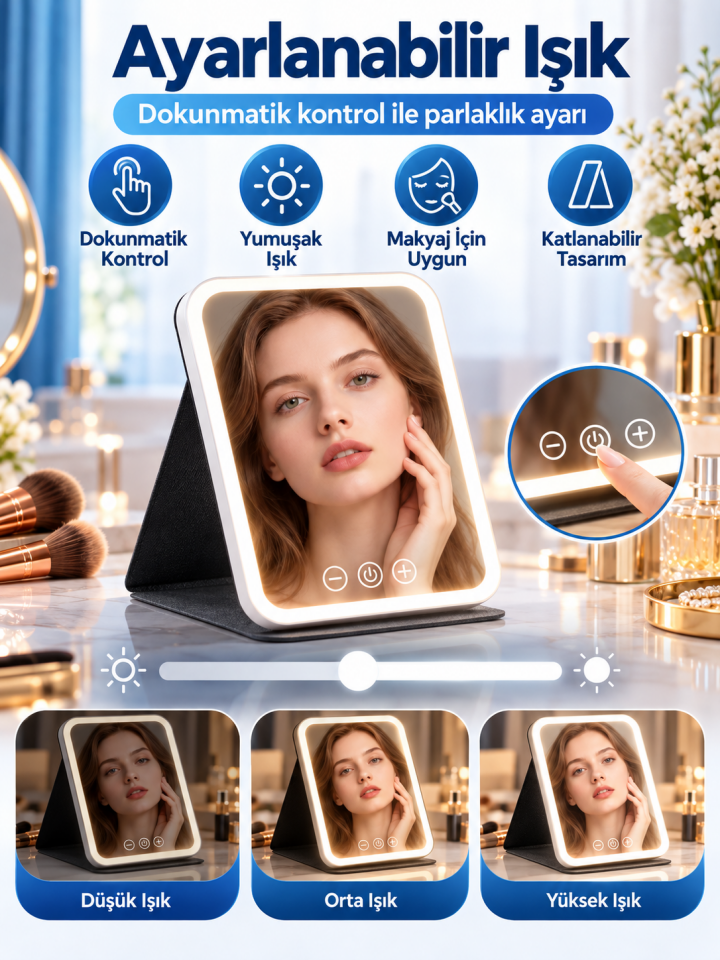 Mucit Home LED Makyaj Aynası Işıklı Katlanabilir Masaüstü Makyaj Aynası 3 Aydınlatma Modlu Makyaj Aynası