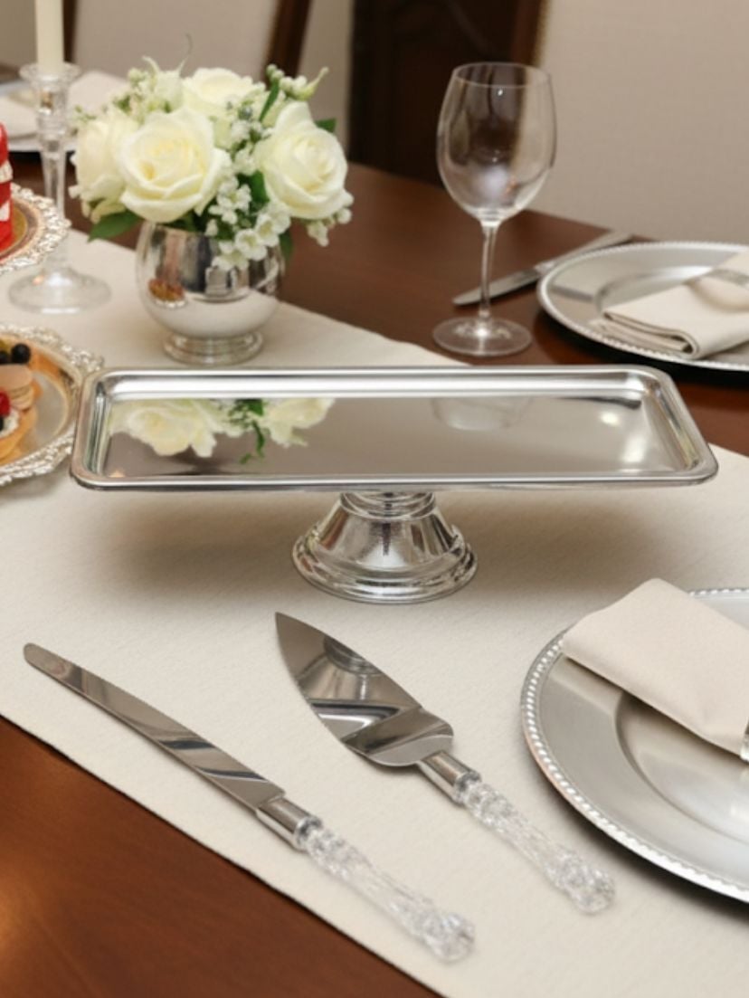 Mucit Home Dikdörtgen Ayaklı Baton Tepsi Ve Kristal 2 li Spatula Seti Gümüş