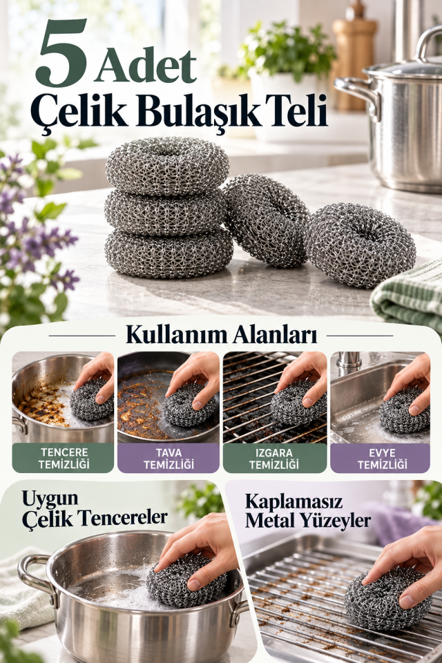 Mucit Home 5 Adet Paslanmaz Çelik Çizmez Bulaşık Tel Süngeri Kolay Kullanım Mutfak Banyo