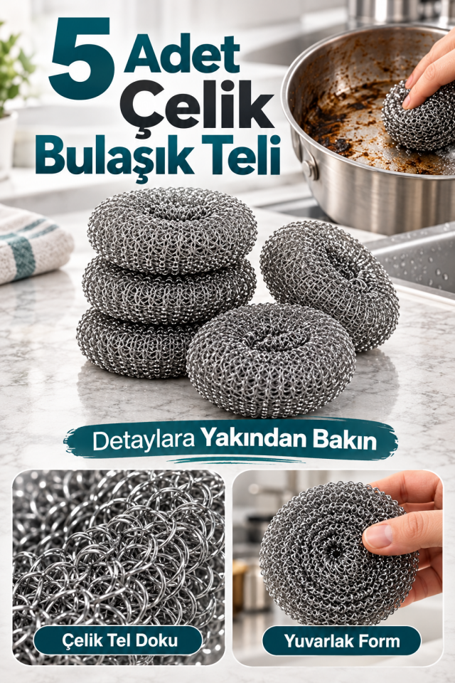 Mucit Home 5 Adet Paslanmaz Çelik Çizmez Bulaşık Tel Süngeri Kolay Kullanım Mutfak Banyo