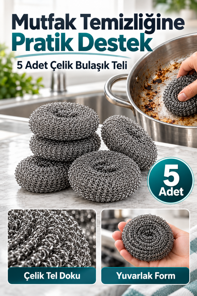Mucit Home 5 Adet Paslanmaz Çelik Çizmez Bulaşık Tel Süngeri Kolay Kullanım Mutfak Banyo