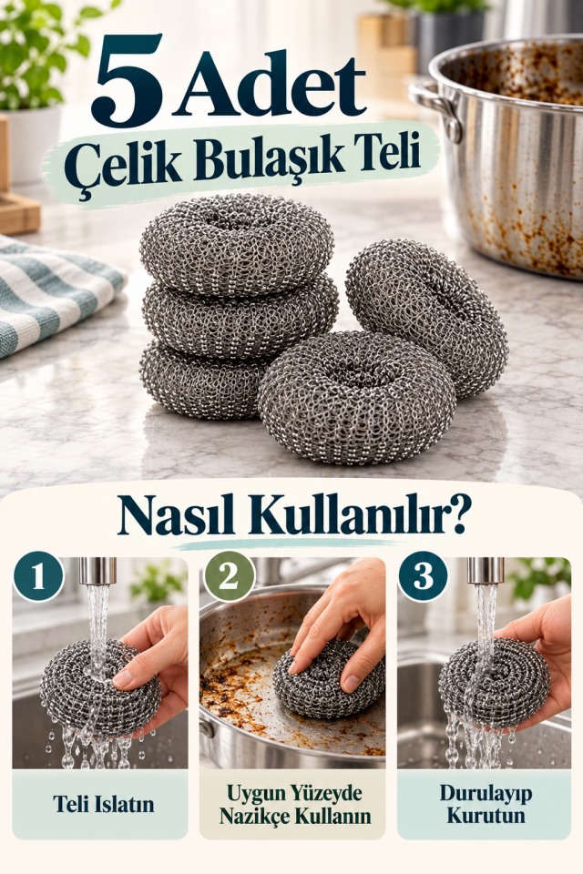 Mucit Home 5 Adet Paslanmaz Çelik Çizmez Bulaşık Tel Süngeri Kolay Kullanım Mutfak Banyo