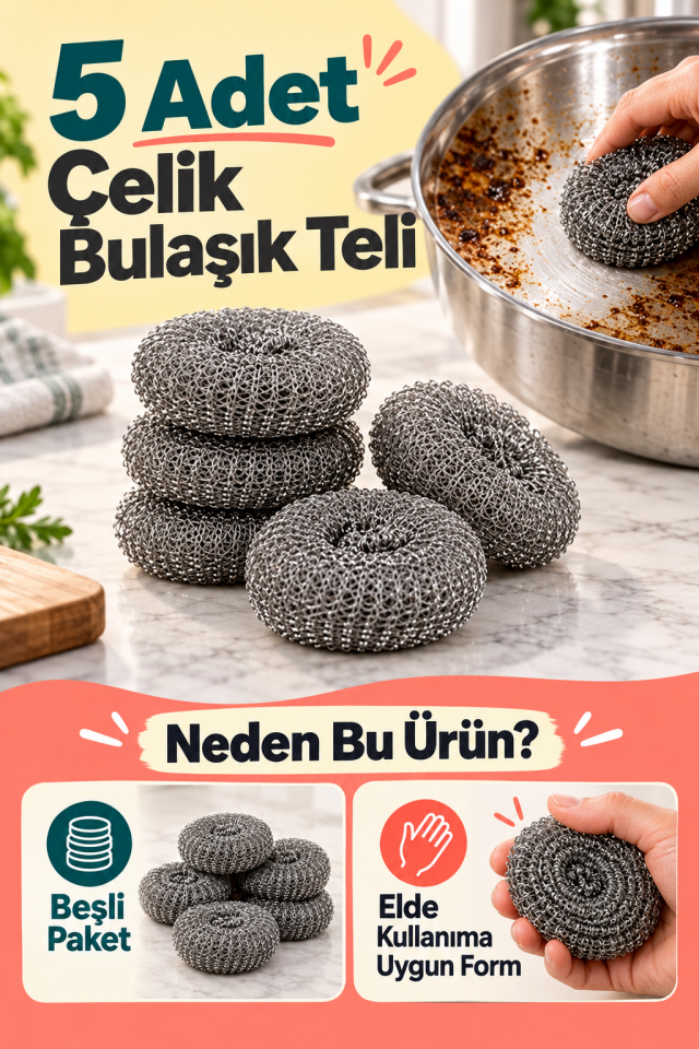 Mucit Home 5 Adet Paslanmaz Çelik Çizmez Bulaşık Tel Süngeri Kolay Kullanım Mutfak Banyo