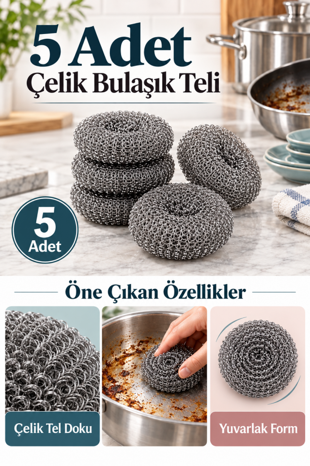 Mucit Home 5 Adet Paslanmaz Çelik Çizmez Bulaşık Tel Süngeri Kolay Kullanım Mutfak Banyo
