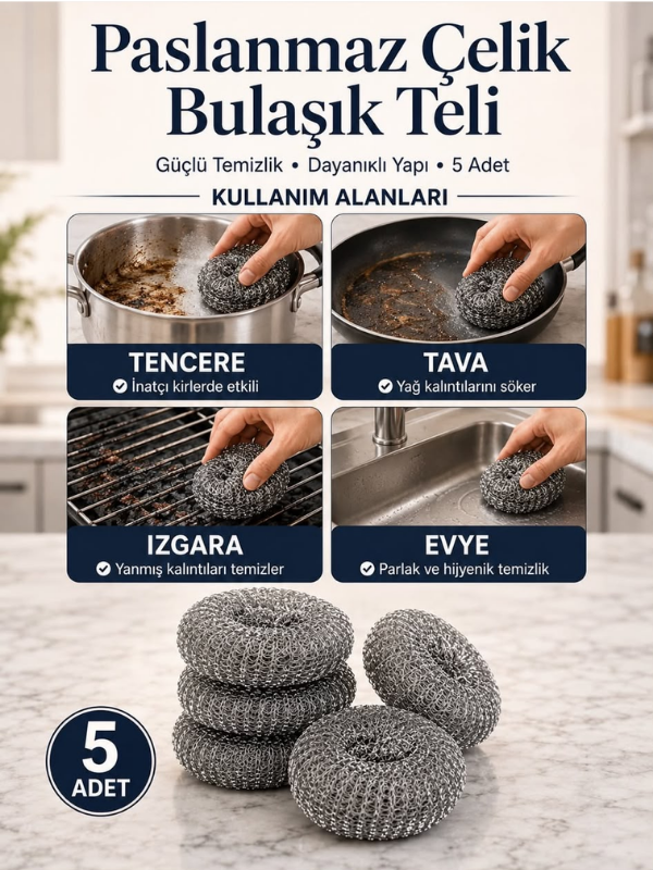 Mucit Home 5 Adet Paslanmaz Çelik Çizmez Bulaşık Tel Süngeri Kolay Kullanım Mutfak Banyo
