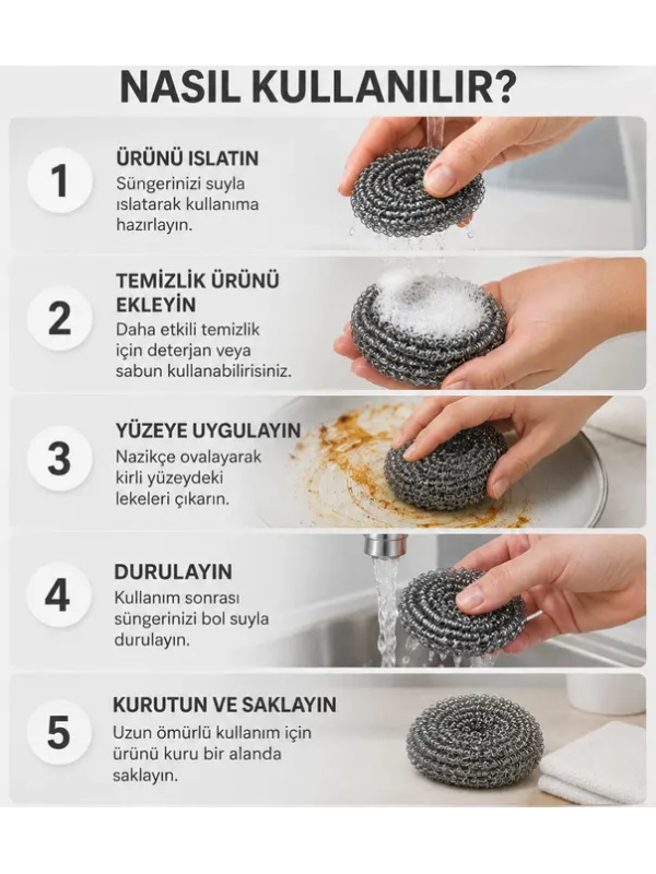 Mucit Home 5 Adet Paslanmaz Çelik Çizmez Bulaşık Tel Süngeri Kolay Kullanım Mutfak Banyo