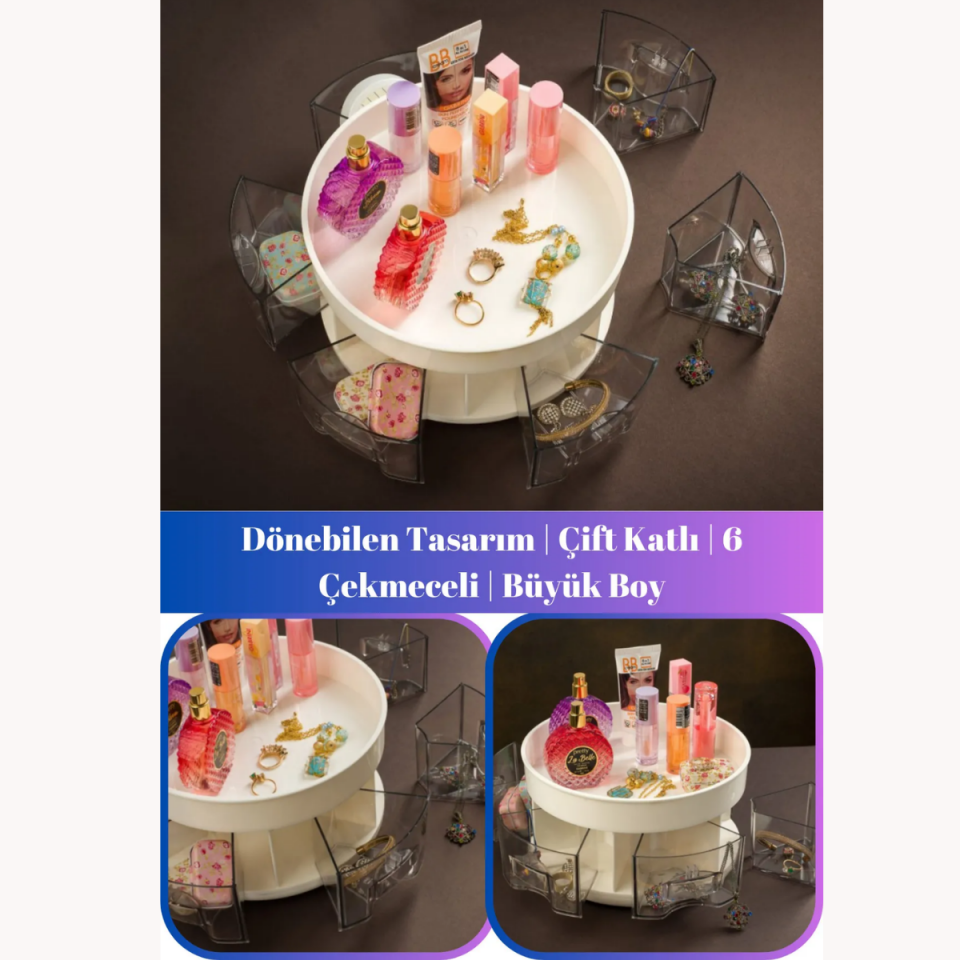 Mucit Home   Çift Katlı 6 Çekmeceli Büyük Boy Makyaj Organizeri | Takı Organizeri, Dönen Organizer