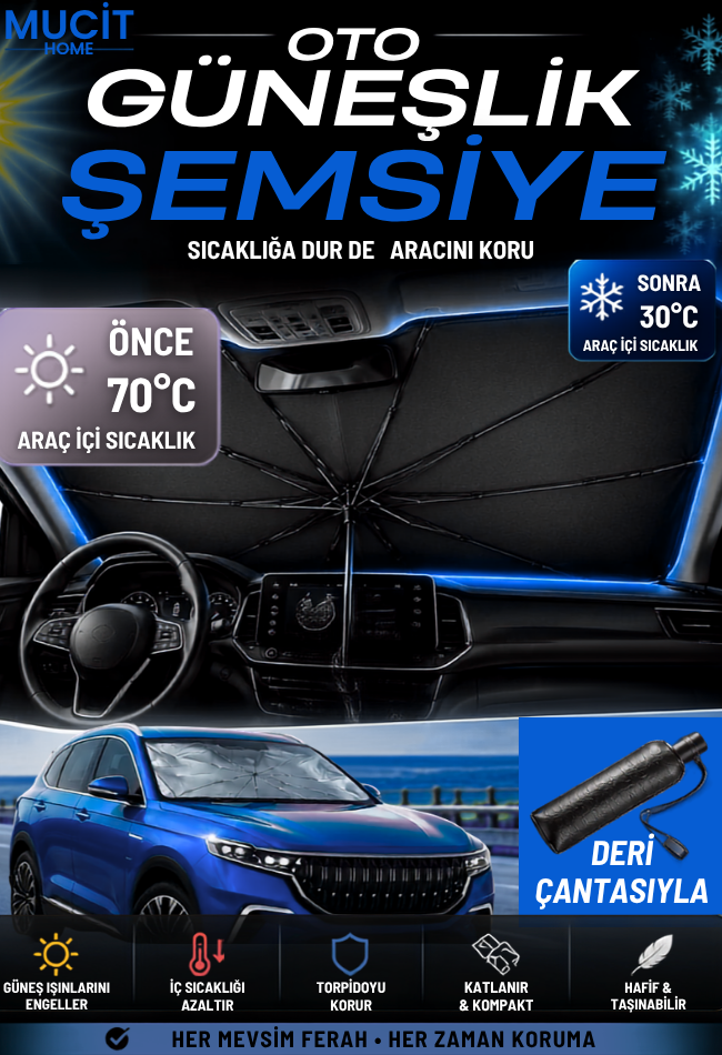 Mucit Home Şemsiye Tipi Araç Ön Cam Güneşliği | Katlanabilir Oto Güneş Koruyucu