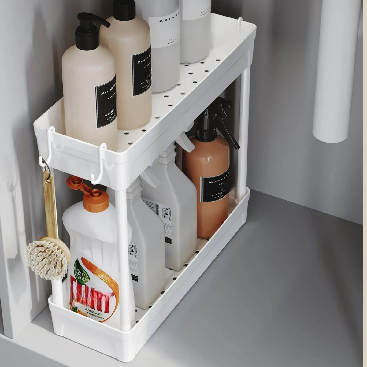 Mucit Home  Çok Amaçlı 2 Katlı Evye Altı Düzenleyicisi Askılı Banyo Düzenleyici Dolap İçi Organizer Raf