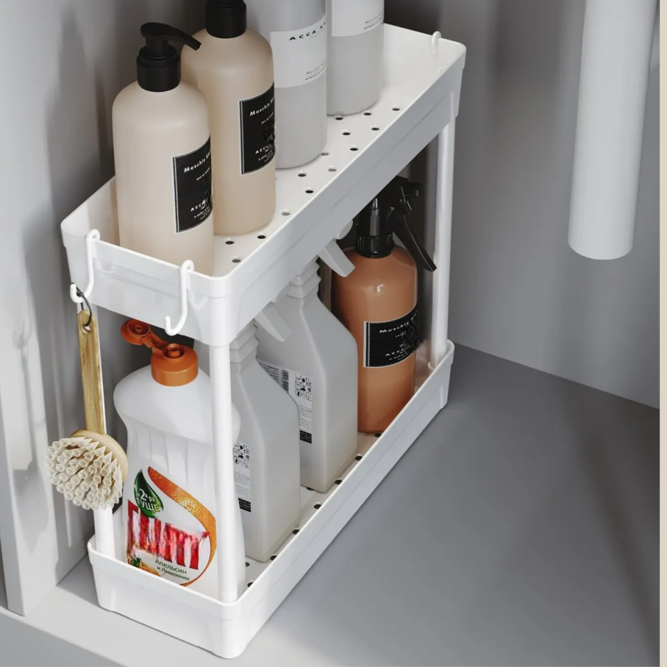 Mucit Home  Çok Amaçlı 2 Katlı Evye Altı Düzenleyicisi Askılı Banyo Düzenleyici Dolap İçi Organizer Raf