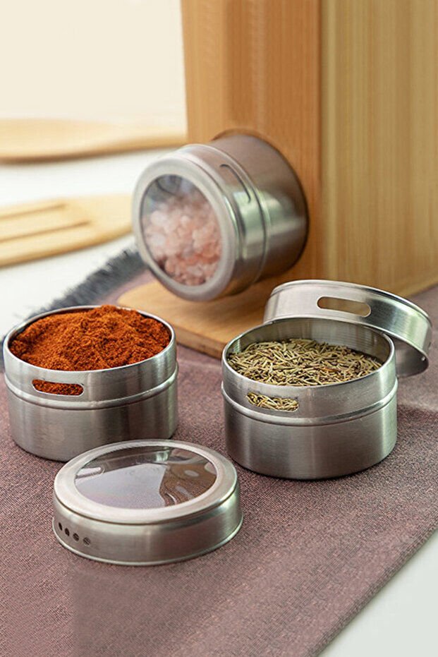 Mucit Home Stantlı 2'Li Manyetik Baharatlık , Mıknatıslı Tuzluk Biberlik Baharat Rafı Paslanmaz Çelik