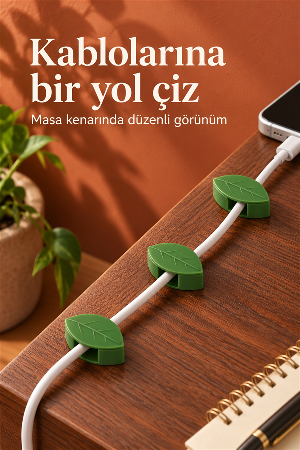Mucit Home Yaprak Tasarımlı Kablo Bitki Sarmaşık Düzenleyici Yapışkanlı Klipsler 10 Adet