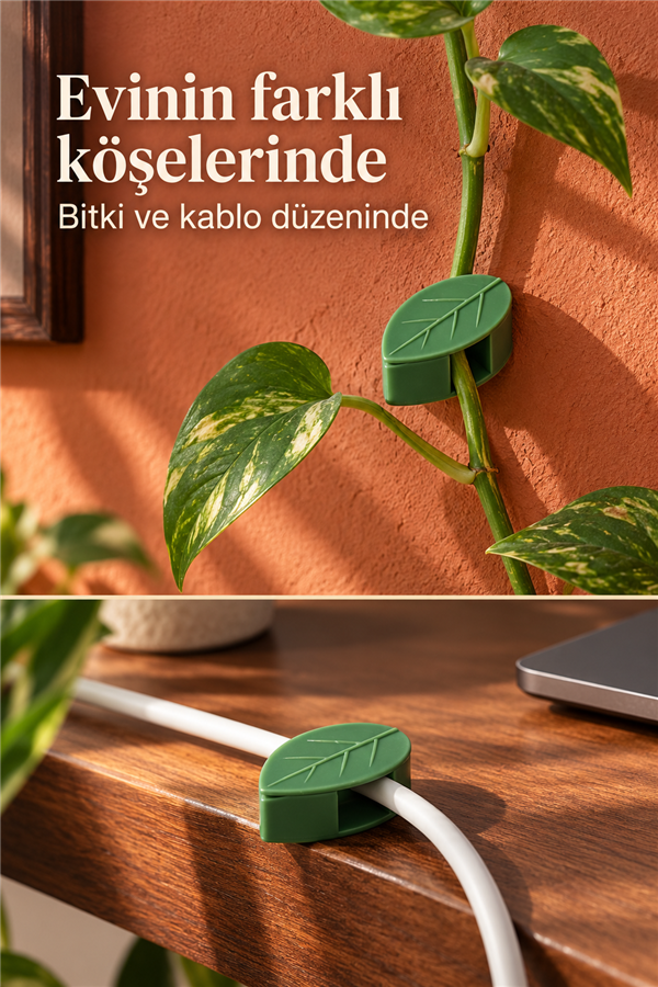 Mucit Home Yaprak Tasarımlı Kablo Bitki Sarmaşık Düzenleyici Yapışkanlı Klipsler 10 Adet