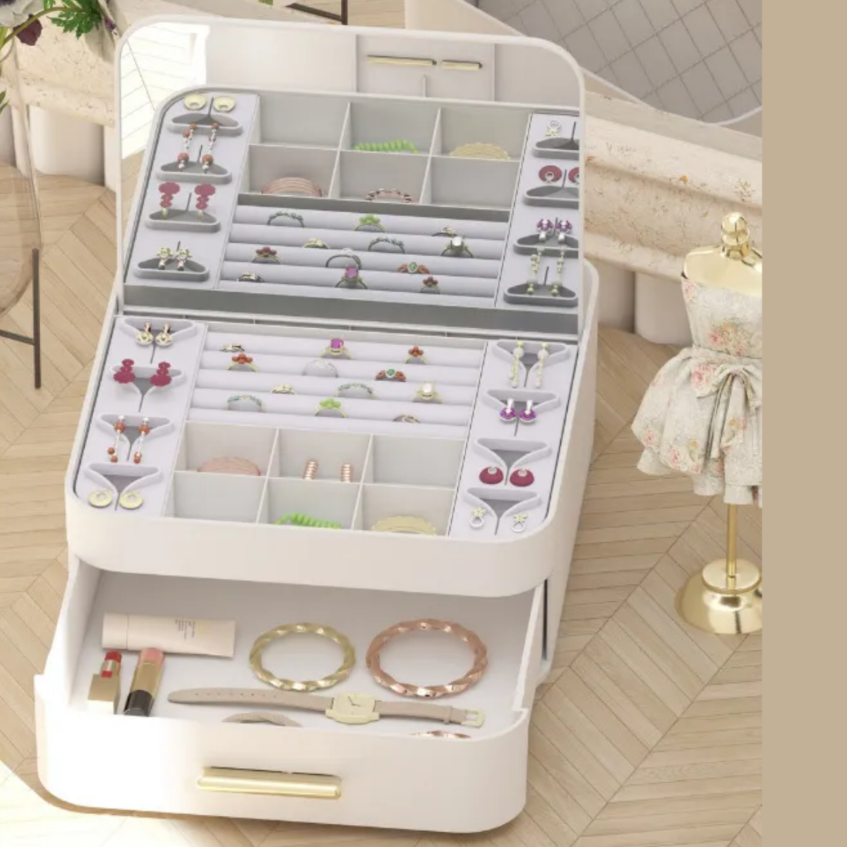 Mucit Home  Çekmeceli Aynalı Çok Bölmeli Makyaj Takı Organizer Krem