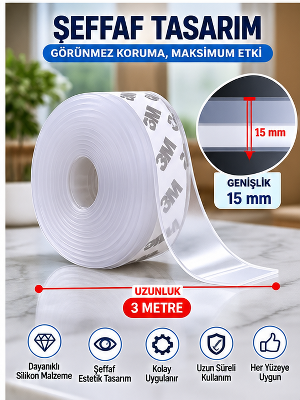 Mucit home 3Metre Rüzgar ve Soğuk Kesici Bant - Şeffaf Rüzgar Geçirmez Silikon Şerit Kapı Pencere Bant