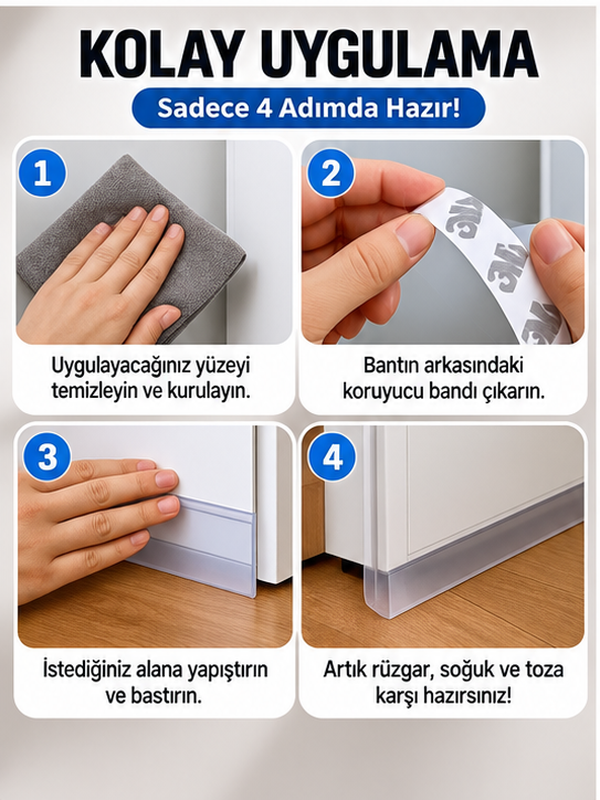 Mucit home 3Metre Rüzgar ve Soğuk Kesici Bant - Şeffaf Rüzgar Geçirmez Silikon Şerit Kapı Pencere Bant