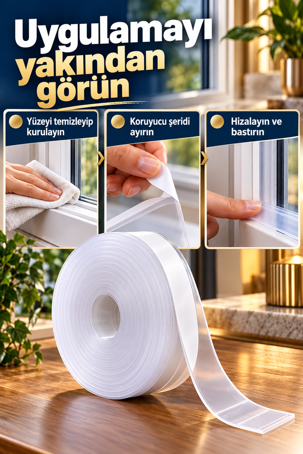 Mucit home 3Metre Rüzgar ve Soğuk Kesici Bant - Şeffaf Rüzgar Geçirmez Silikon Şerit Kapı Pencere Bant
