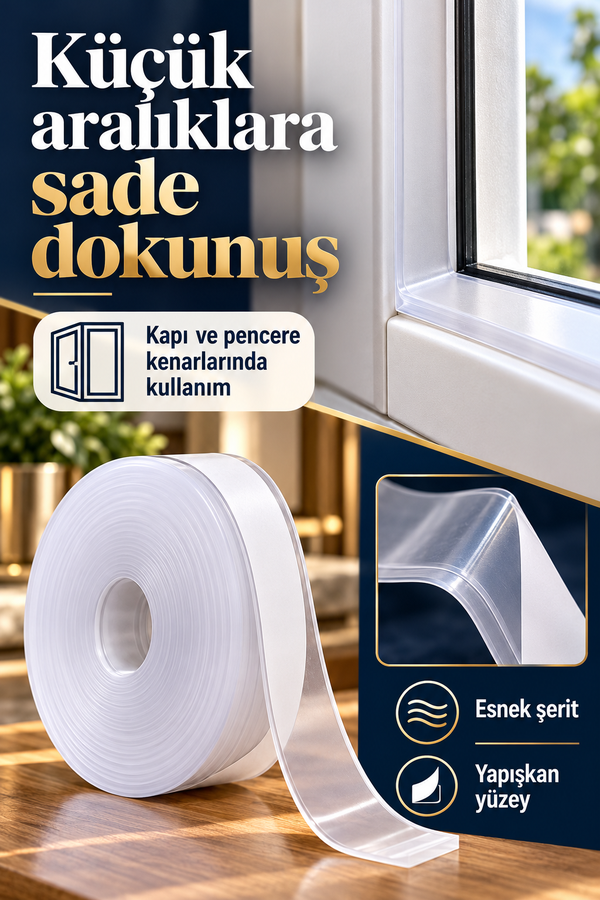 Mucit home 3Metre Rüzgar ve Soğuk Kesici Bant - Şeffaf Rüzgar Geçirmez Silikon Şerit Kapı Pencere Bant