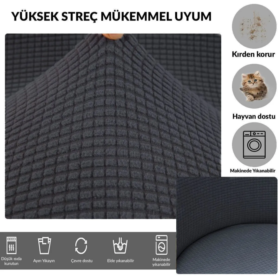 Mucit Home  ,Oval Sandalye Kılıfı .Bambu Kareli Kumaş Esnek Lastikli Antrasit -6 adet