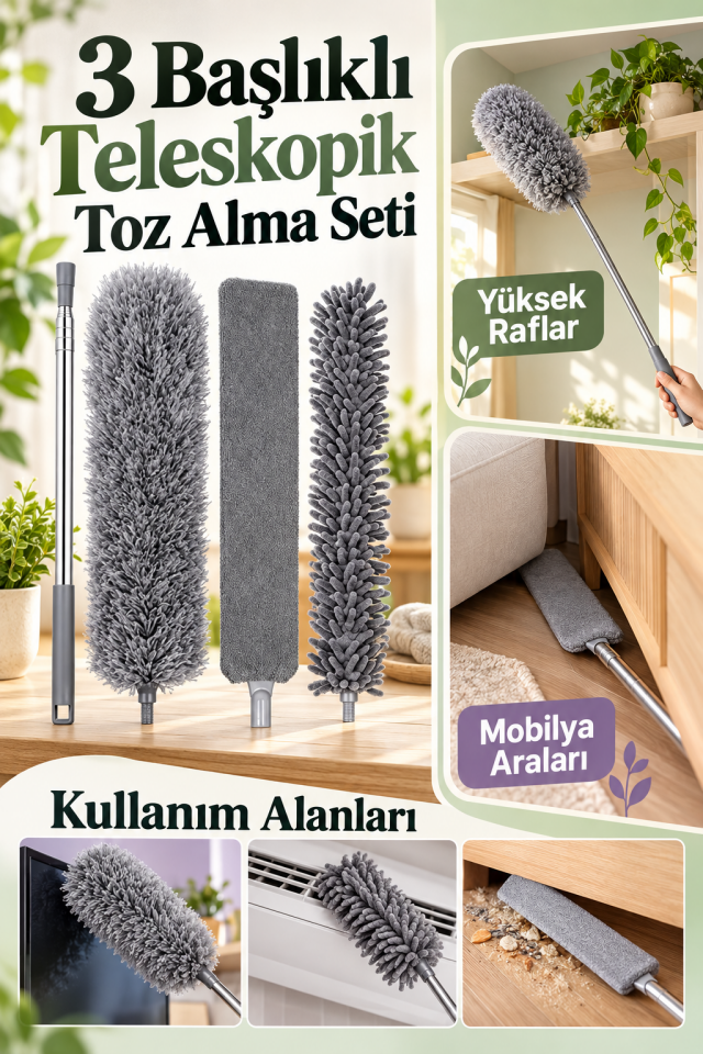 Mucit Home Teleskopik 3'lü Mop Toz Alma Püskülü Çok Fonksiyonlu Temizlik Seti