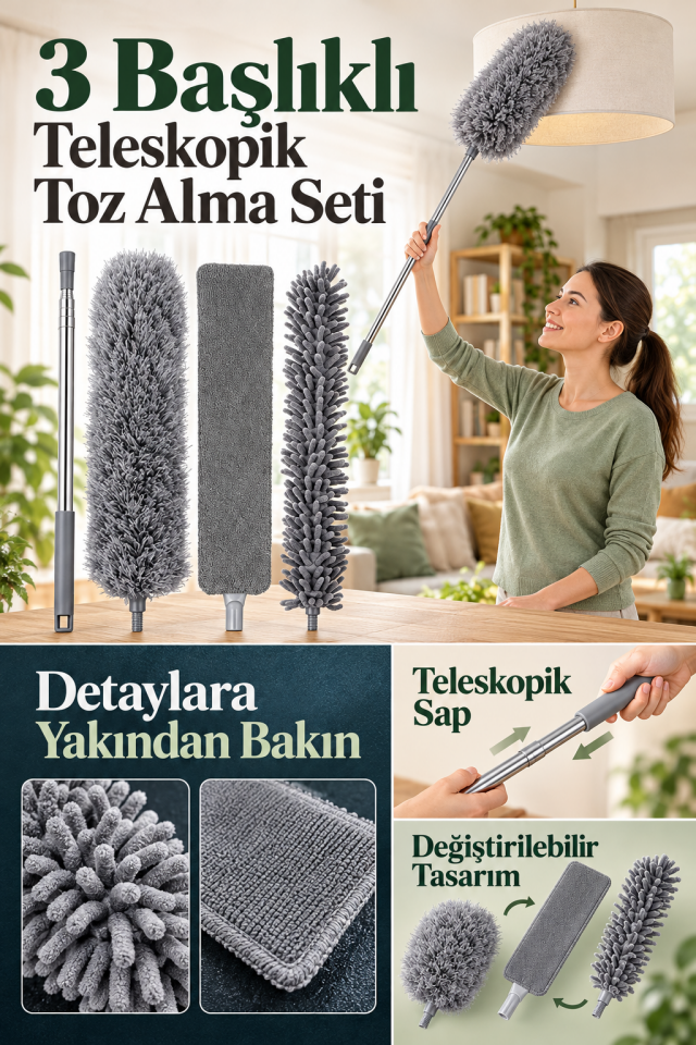 Mucit Home Teleskopik 3'lü Mop Toz Alma Püskülü Çok Fonksiyonlu Temizlik Seti