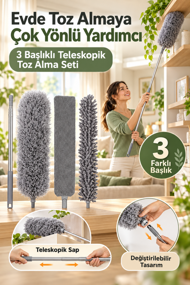 Mucit Home Teleskopik 3'lü Mop Toz Alma Püskülü Çok Fonksiyonlu Temizlik Seti