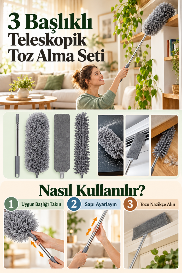 Mucit Home Teleskopik 3'lü Mop Toz Alma Püskülü Çok Fonksiyonlu Temizlik Seti