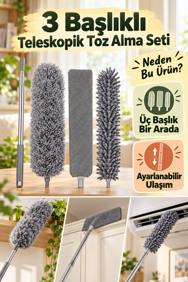 Mucit Home Teleskopik 3'lü Mop Toz Alma Püskülü Çok Fonksiyonlu Temizlik Seti
