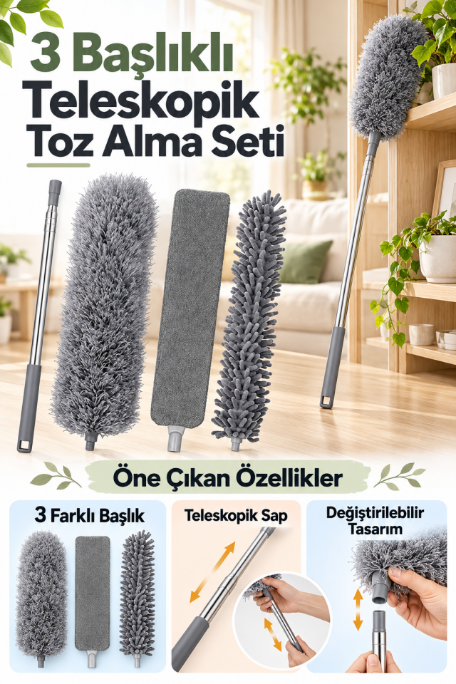 Mucit Home Teleskopik 3'lü Mop Toz Alma Püskülü Çok Fonksiyonlu Temizlik Seti