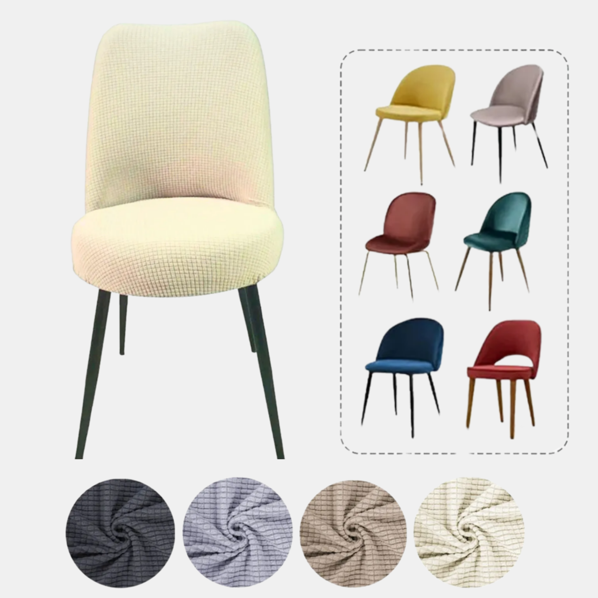 Mucit Home  , Oval Sandalye Kılıfı ,Bambu Kareli Kumaş Esnek Lastikli,  Krem 6 Adet