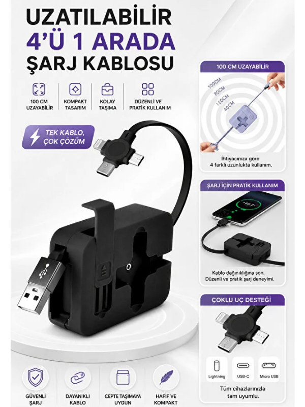 Mucit Home Makaralı Tüm Telefonlara Uyumlu Şarj Aleti Yavaşça Çek Bırak Uzayabilen Tasarım Cep Tipi