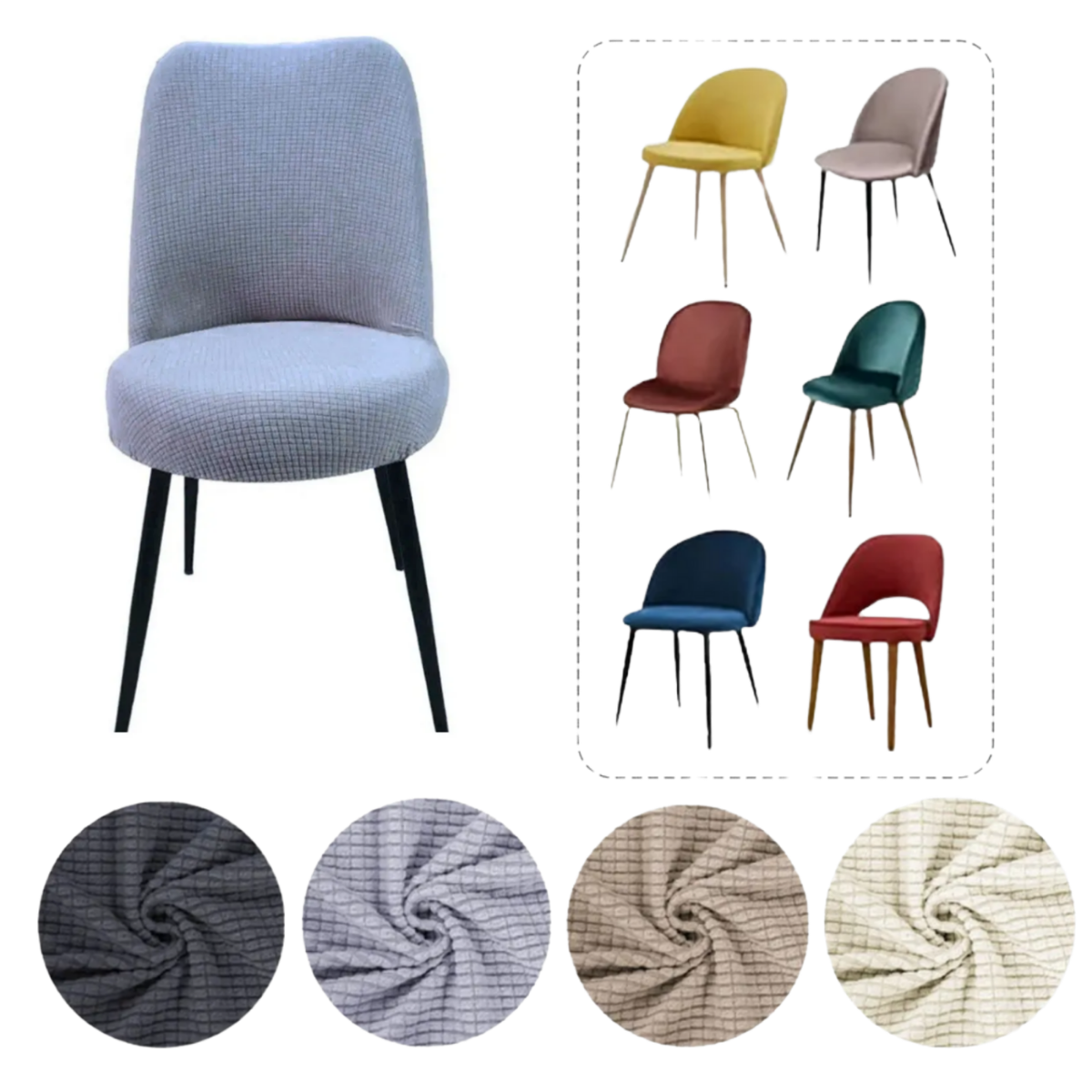 Mucit Home  , Oval Sandalye Kılıfı ,Bambu Kareli Kumaş Esnek Lastikli, Açık Gri 6 Adet