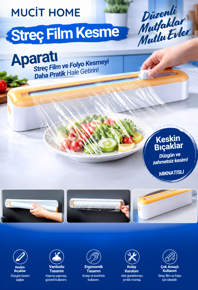 Mucit Home Streç Film Kesme Aparatı Streç Film Kesici Buzdolabı Folyo Kesme Streç Film Kesici