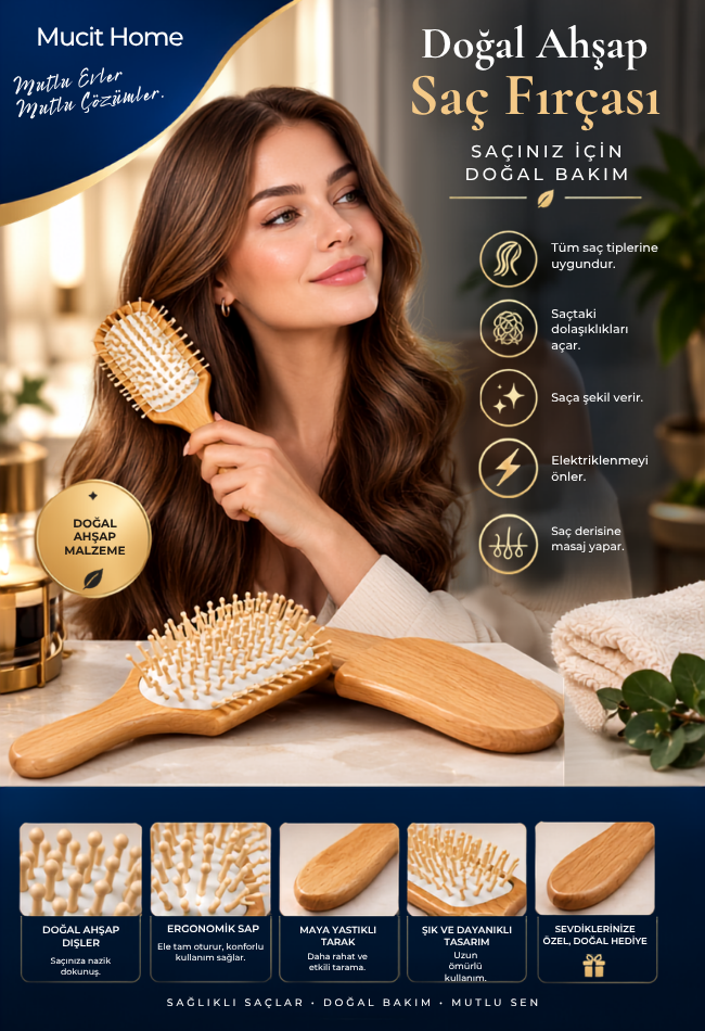 Mucit Home Bambu Uçlu Fırça Ahşap Saç Fırçası Ahşap Tarak Doğal Bambu Saç Açıcı Tüm Saçlar