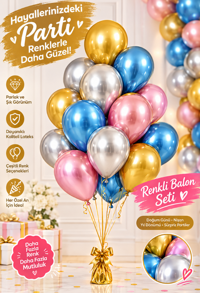 Mucit Home Karışık 12’li Metalik Balon Seti – 12 İnç Parlak Krom Balon, Doğum Günü ve Parti Süsleme – Mavi, Pembe, Gold, Gümüş