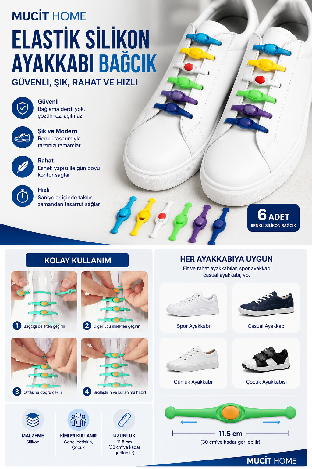 Mucit Home 6 adet Renkli Elastik Ayakkabı Silikon Bağcık Bağcığı İpi Spor Sneakers Ayakkabı Bağcığı