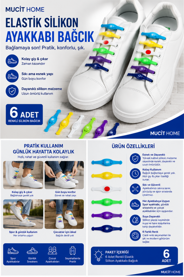 Mucit Home 6 adet Renkli Elastik Ayakkabı Silikon Bağcık Bağcığı İpi Spor Sneakers Ayakkabı Bağcığı